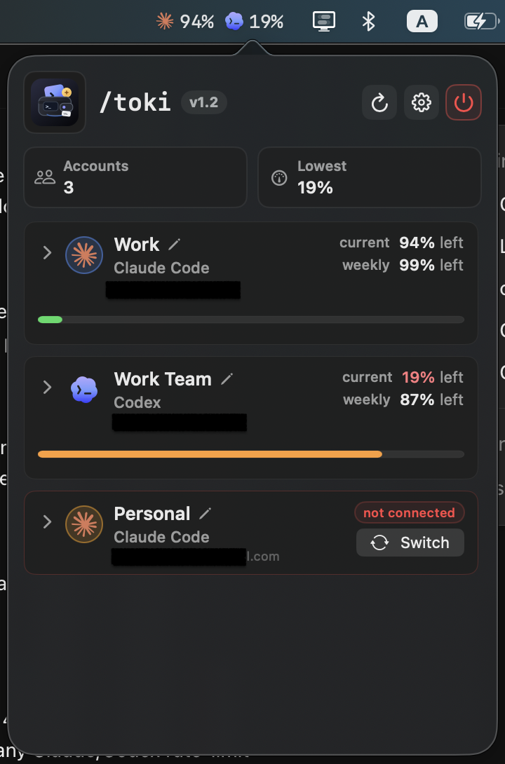 Toki menu bar popover preview